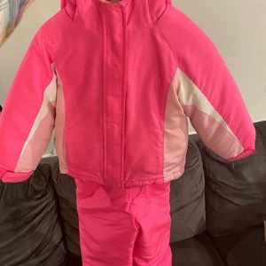 Girls hot pink, white and baby pink 2 in one coat with bib overall snow suit.